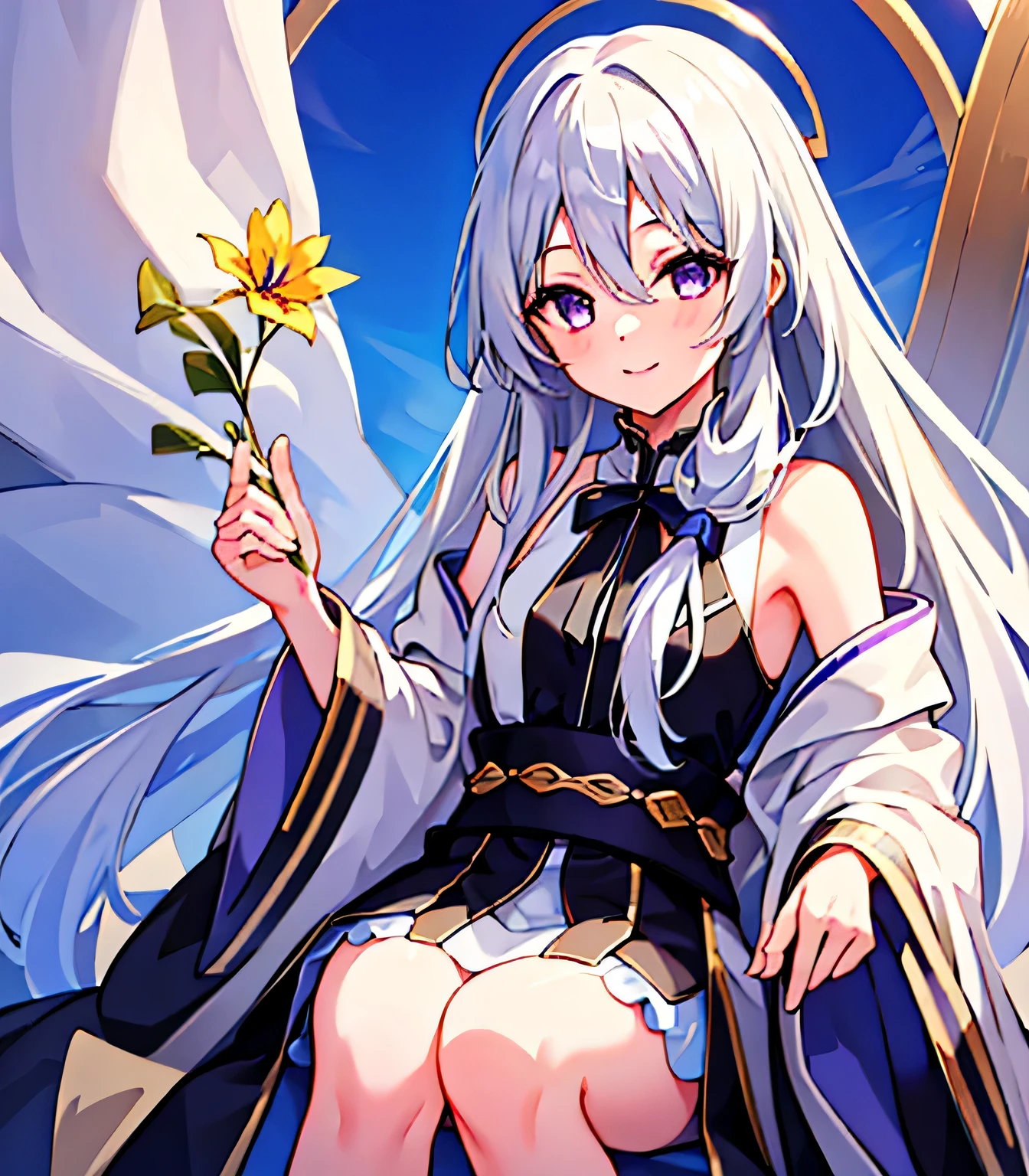 masterpiece, highest quality, 1 girl, Elaina_(nice_no_tabitabi), silver hair, purple eyes, long hair, have,smile