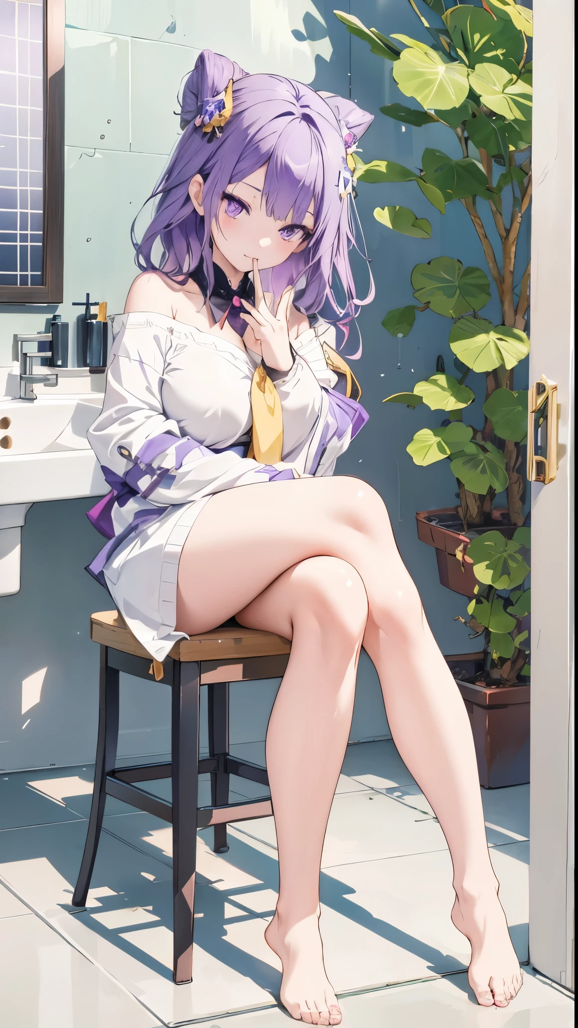 Anime girl sitting on stool brushing teeth in bathroom，long hair,purple hair ，(((purple eyes:1.3))),，(((Five fingers:1.3))),complicated eyes,Beautiful and delicate eyes,Meticulous hands，Symmetrical eyes guweiz style artwork, guweiz, Beautiful anime girl squatting, Plump breasts，guweiz on pixiv artstation, cute anime girl, round face,loli， guweiz on artstation pixiv, by Shitao, fleet collection style, 小曲线loli， masterpiece:1.8,high resolution, sharp focus, (Super detailed, Very detailed), (realistic artwork:1.37),(Very detailed CG unity 8k wallpaper),((Synthwave background theme)),(((bright colors))),(intricate background),(masterpiece),(best quality),