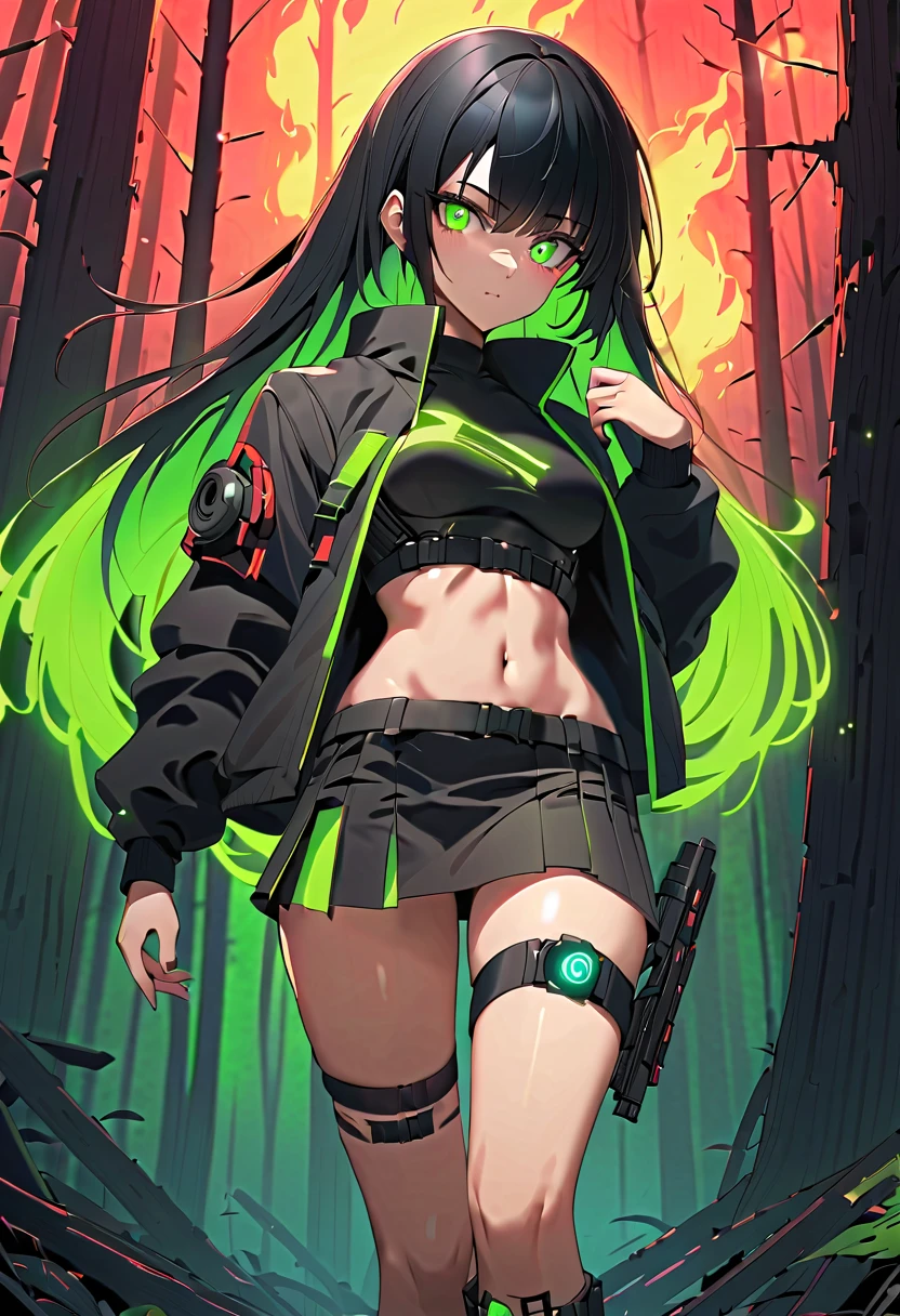 1 girl, solo, long_hair, bangs_between_the_eyes black_hair_with_strands_green, bi_color_ green_neon eyes, sexy_face, FIRE_ARMS_in_hand, HOLDING_with_your_hands, cyberpunk_clothes, short_jacket, navel appears, short_skirt, scarred_legs, left_arm_band, tattoo_above_navel_background_of_abandoned_FOREST_red, manga_style_image .