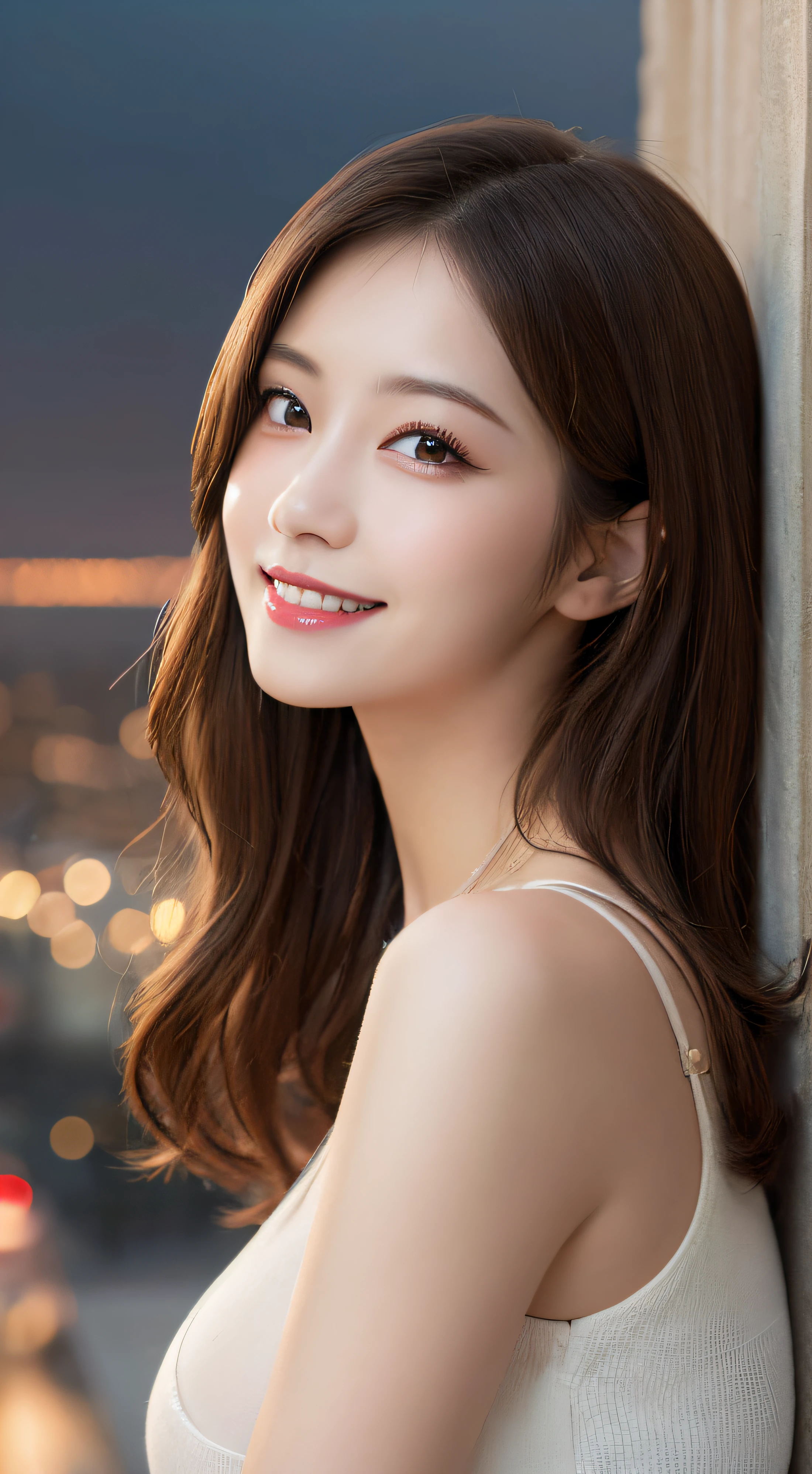 on the table, best quality, illustration, Super detailed, fine details, high resolution, 8k wallpaper, Perfect dynamic composition, Beautiful and delicate eyes, Dores,medium hair, Big , Natural lip color, Casual and sexy pose,Smile,tower