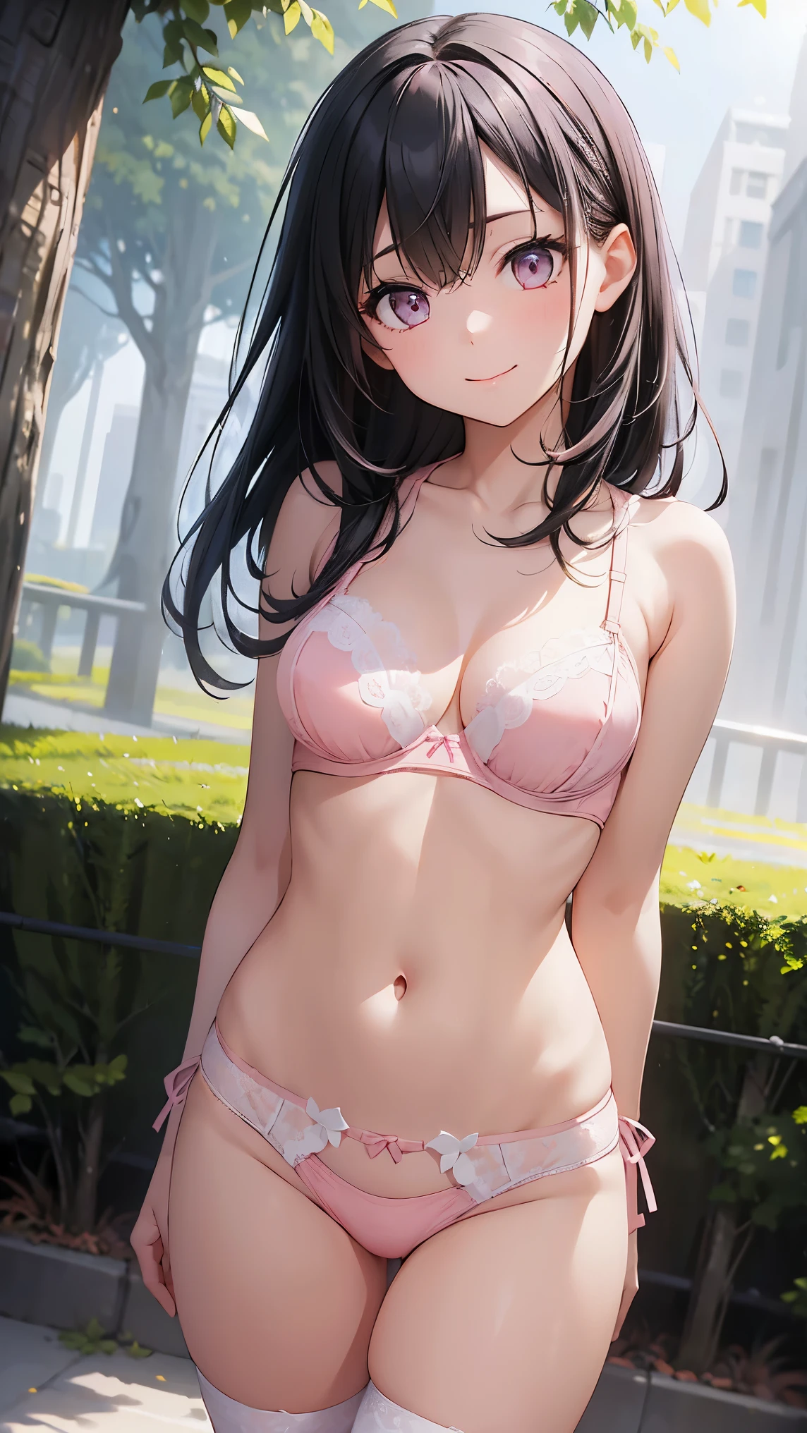 muste piece、highest quality、High resolution、nffsw、perfect pixel、1 girl、cute、perfect body、anatomically correct、beautiful eyelashes, realistic eyes、smile、((white and pink lace bra))、((white and pink lace panties))、Wearing only underwear、Smooth texture:0.75、blue sky outdoors、I can see your panties、Bra visible、Overall bright、cinematic light、black hair