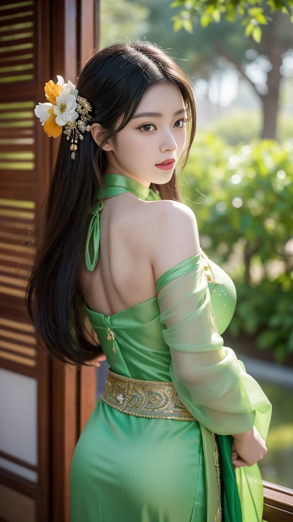 "Imagine a stunning digital artwork featuring a woman adorned in an elegant dress accentuated with a vibrant green sash, reminiscent of the traditional attire of a Chinese empress. This gorgeous model exudes the timeless beauty and grace of Asian aesthetics, embodying the essence of a fantasy empress or Japanese goddess. The artwork is crafted in the exquisite style of renowned artists such as Guweiz and Fan Qi, renowned for their captivating portrayals of ethereal beauty and mesmerizing landscapes. With meticulous attention to detail, every brushstroke brings the scene to life, capturing the delicate features and intricate textures of the woman's attire and surroundings. As a beautiful digital masterpiece, this artwork seamlessly blends traditional elegance with modern flair, making it a trending sensation on CGStation and a captivating addition to any collection."