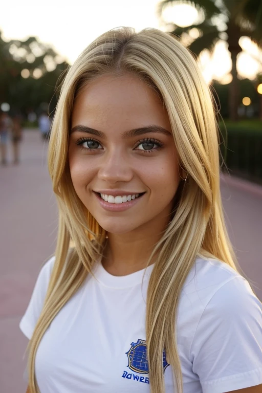 Una jovem de 22 anos, linda loira ondulada, olhos azuis claros que brilham com um sorriso leve, wearing a nice white shirt and fitted jeans, Captured from multiple perspectives in high definition. Her blonde mane shined in the Disney World sun as she enjoyed an incredible experience..
First-person view: Through my eyes, eu vejo a jovem loira sorrindo, seu cabelo refletindo as luzes de Disney World ao
