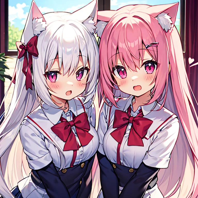 masterpiece, best quality, {{{}}}, {{{soght, absurdly long hair, pink hair, white hair, {hair bow}, light blush, pink eyes, school uniform, heart in eye, cat_ears, open mouth,,