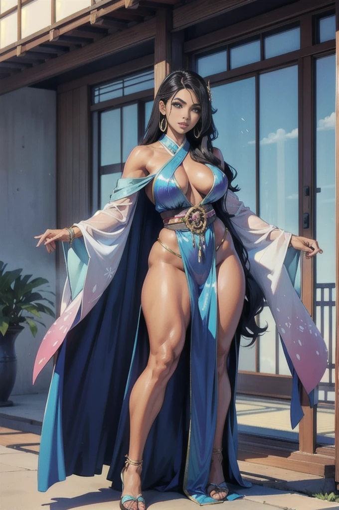 1 female, japanese indian african IFBB model, sheer iridescent dress, narrow waist, wide hips, thick thighs