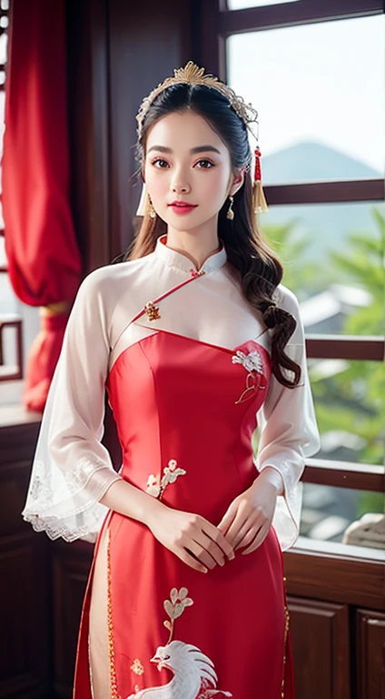 (8k, RAW photos, best quality, masterpiece: 1.2), (realistic, realistic: 1.37), 1 girl, Chinese woman posing in blue dress and headdress, beautiful cosplay, beautiful costume, traditional Chinese wedding dress, elaborate dress, costume elaborate , traditional beauty, beautiful Chinese model, Chinese costume, wearing beautiful costumes, wearing an elegant Chinese Xiuhe dress, Chinese wedding dress, phoenix xia crown, antique bride, xiuhe dress , smile, dragon pattern and complicated phoenix,(dress full Lace:1.3),(NSFW:1.1),(Full Body:1.5),(cute face:1.3),(huge breasts:1.3),(high-heels:1.3),(big hips1.3),(medium thighs:1.3),(breasts slightly exposed:1.3),(cleavage of the breast:1.3),(lipgloss:1.3),(look straight into the camera:1.3),(very long earrings:1.4),(wearing three stacked diamond necklaces with large pendants:1.3)