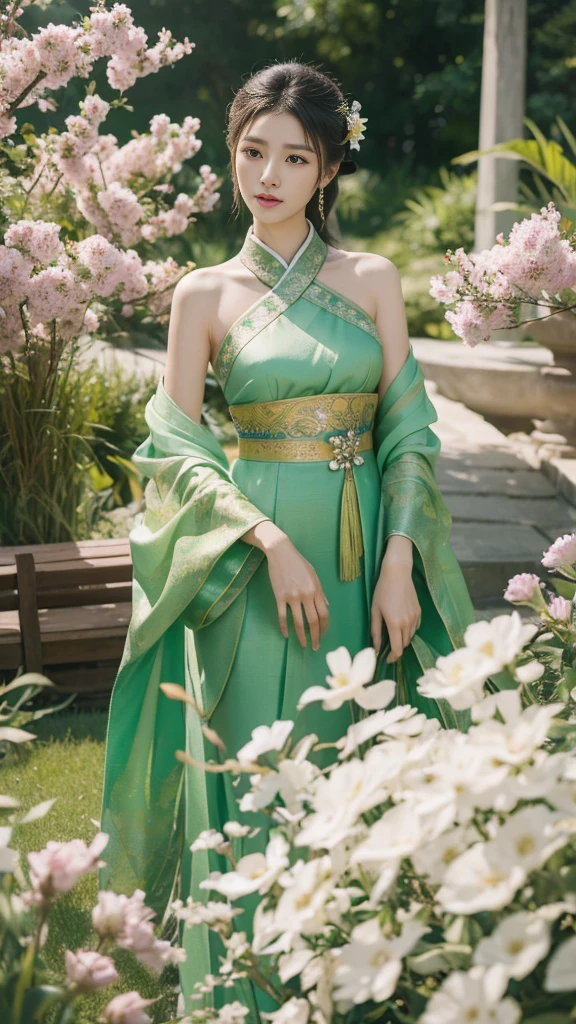 Imagine a stunning digital artwork featuring a woman adorned in an elegant dress accentuated with a vibrant green sash, reminiscent of the traditional attire of a Chinese empress. This gorgeous model exudes the timeless beauty and grace of Asian aesthetics, embodying the essence of a fantasy empress or Japanese goddess. The artwork is crafted in the exquisite style of renowned artists such as Guweiz and Fan Qi, renowned for their captivating portrayals of ethereal beauty and mesmerizing landscapes. With meticulous attention to detail, every brushstroke brings the scene to life, capturing the delicate features and intricate textures of the woman's attire and surroundings. As a beautiful digital masterpiece, this artwork seamlessly blends traditional elegance with modern flair, making it a trending sensation on CGStation and a captivating addition to any collection."