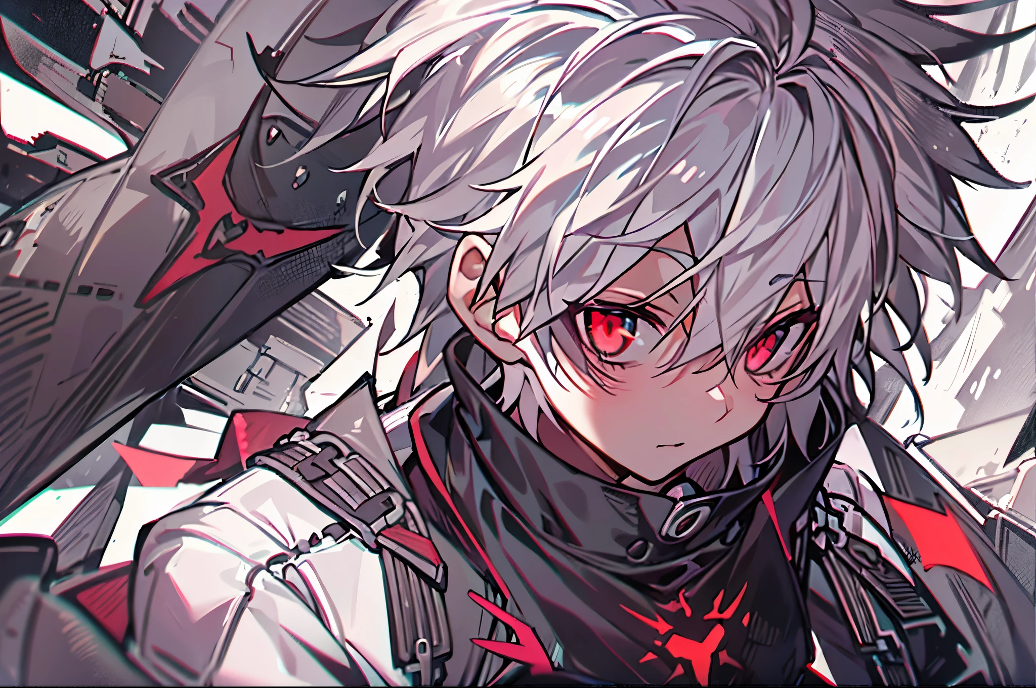 hight resolution,Anime boy with white hair and red eyes staring at camera, red eyes,slim, dressed in a black outfit,Shadow Body,Brown skin,monochromes,hair messy,Diagonal angle