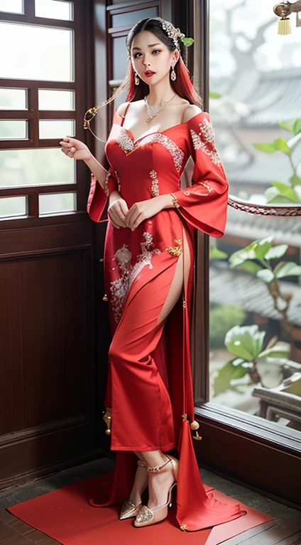 (8k, RAW photos, best quality, masterpiece: 1.2), (realistic, realistic: 1.37), 1 girl, Chinese woman posing in red dress and headdress, beautiful cosplay, beautiful costume, traditional Chinese wedding dress, elaborate dress, costume elaborate , traditional beauty, beautiful Chinese model, Chinese costume, wearing beautiful costumes, wearing an elegant Chinese Xiuhe dress, Chinese wedding dress, phoenix xia crown, antique bride, xiuhe dress , close-up, close-up , smile, dragon pattern and complicated phoenix,(NSFW:1.1),(Full Body:1.5),(cute face:1.3),(huge breasts:1.3),(high-heels:1.3),(big hips1.3),(medium thighs:1.3),(breasts slightly exposed:1.3),(cleavage of the breast:1.3),(lipgloss:1.3),(look straight into the camera:1.3),(long earrings:1.4),(long earrings:1.4),(very long earrings:1.4),(wearing three stacked diamond necklaces with large pendants:1.5)