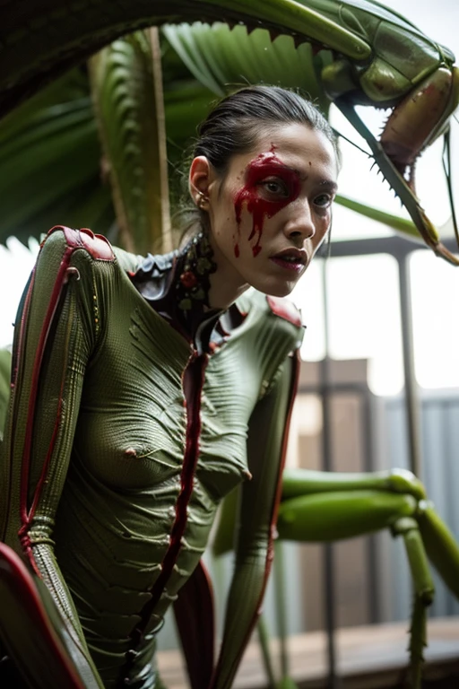 {(surreal pictures)},((highest quality)),((16K)),monster,((A monster with a human head and a praying mantis body)) ,blur,water dripping,giant mantis,(photo realistic1.2),(wet texture 1.5),detailed texture,minitower mensface,residential street,(apper body human),(lower body mantis),predetor,in Tokyo,out side,Human face,bloody,demon,Demon-like