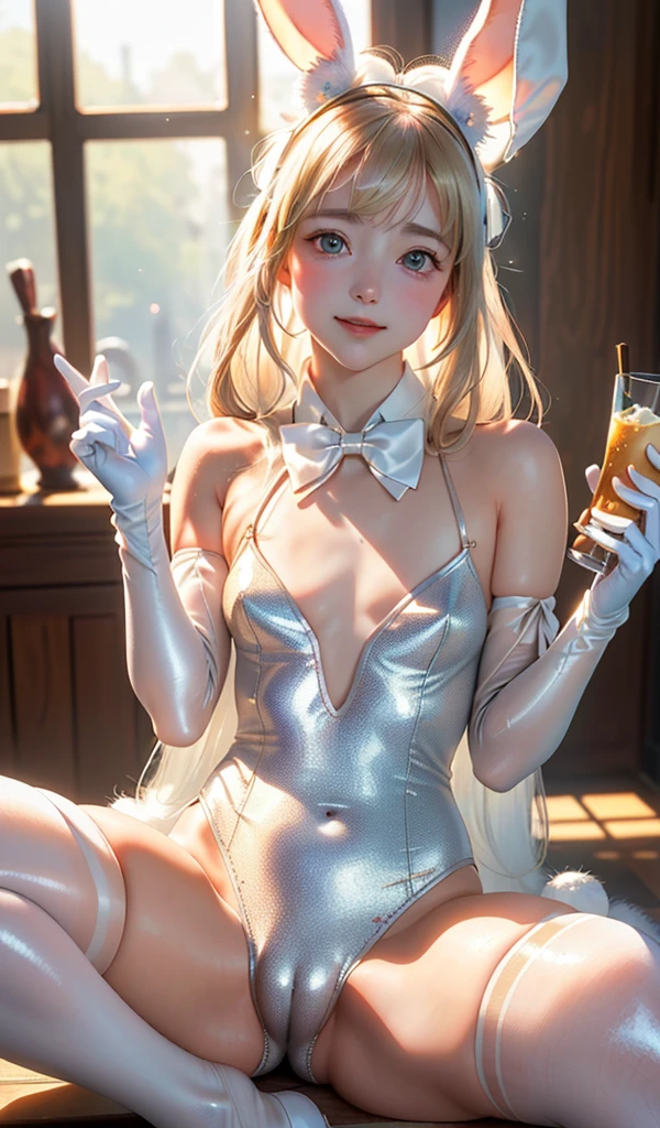 masterpiece, best quality, extremely detailed CG unity 8k wallpaper, ,, ,((a beautiful little ta girl)), Wendy, Long straight blonde hair,((Mckenna Grace)), (((flat chest))),((white)) ((Glittering bodysuit,Bunny Ear Headgear ,glove,Bow-tie )), (()),(),(()),,(()) ,(()), (Blush), oil skin ,(),, () (()),(),((,spread legs)),,,(seductive smile),(from above),,, ,, (Bar),,(),,pretty face, key art, award winning, intricate detail realism hdr, by (ruan jia and artgerm and range murata), Photorealism, Hyperrealism, ultra realistic, dramatic light, intense shadows, gorgeous view,depth of field