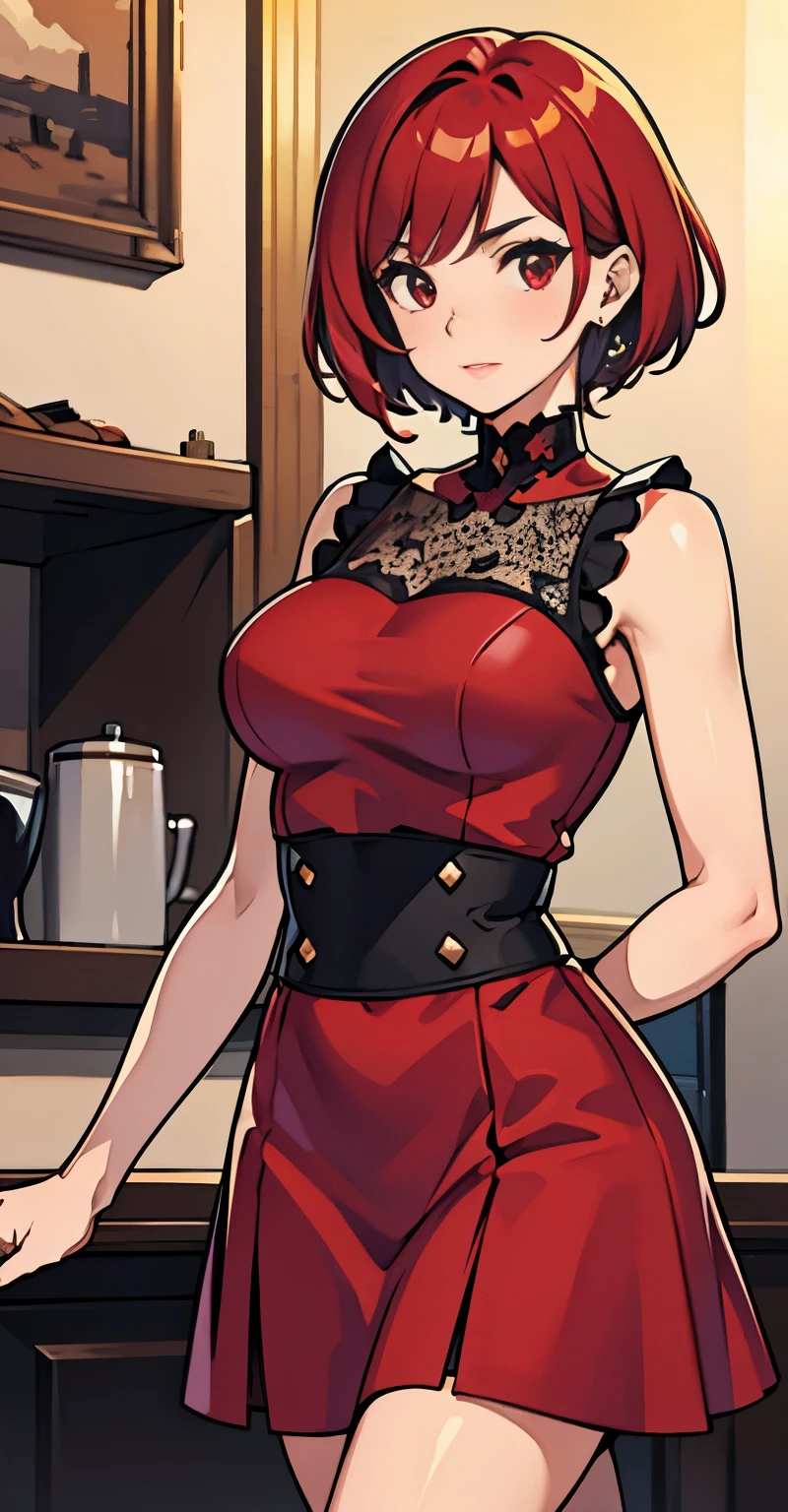 masterpiece,short hair, red hair, red eyes, Medium breasts, red dress, high quality,4k,