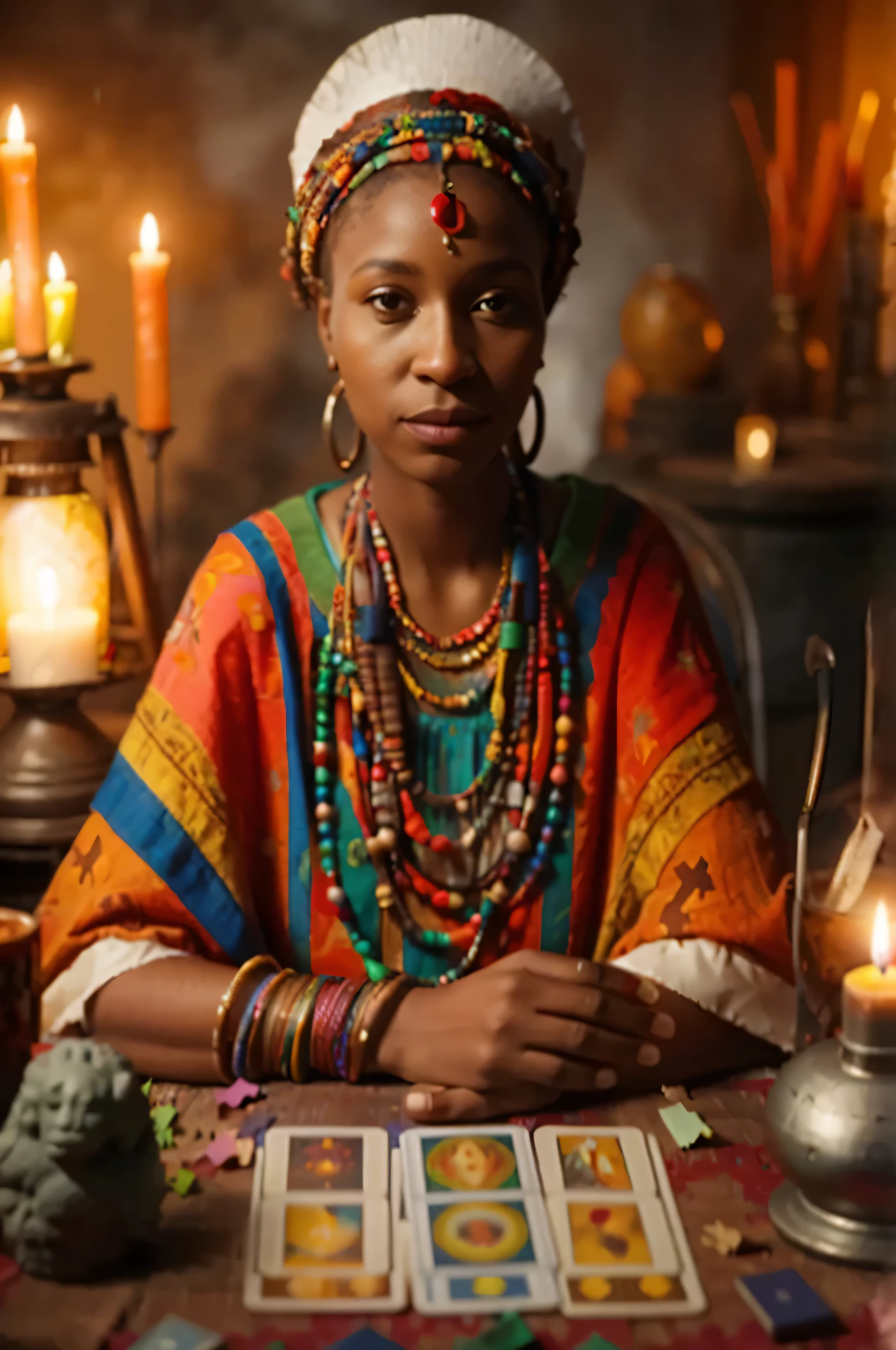 arafed woman in colorful dress sitting at table with cards and candles, the oracle of the mayan elders, the oracle of ancient wisdom, as a tarot card, fortune teller, photo of a black woman, goddess of wisdom, wholesome techno - shaman lady, portrait of a priestess, gorgeous woman, stunning woman, portrait shot, african queen