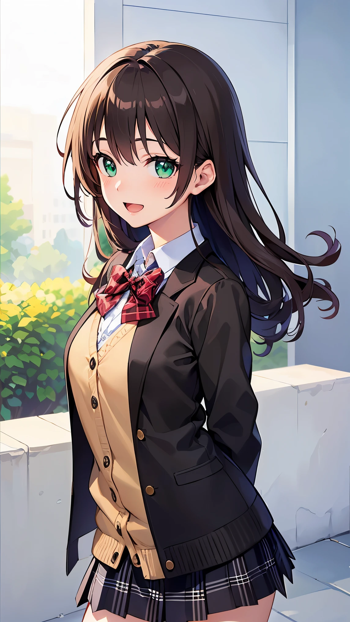 ((masutepiece, Best Quality, hight resolution, nffsw, Perfect Pixel, depth of fields, 4K, nffsw, nffsw))), 1girl in, Single, Solo, Beautiful anime girl, Beautiful Art Style, Anime Character, ((Long hair, Bangs, dark brown hair, Curly hair:0.8)), ((Green eyes:1.4, Detailed eyes, Beautiful eyes, Perfect eyes,Curly eyelashes, Realistic eyes)), ((Detailed face, Blushing:1.2)), ((Smooth texture:0.75, Realistic texture:0.5, Anime CG style)), medium breasts, Dynamic Angle, busty, Perfect body, Dynamic Pose, ((red bowtie, School uniform, Black jacket, Open jacket, Brown cardigan, White shirt, Black skirt, plaid skirts)), Smile, Open mouth, arms behind back, Leaning forward, Amulment Park, cowboy shot