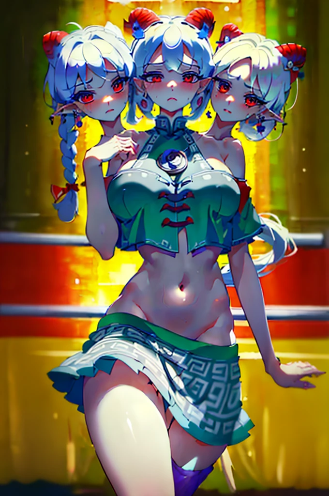 (masterpiece, best quality) ,best resoultion, (ultra-detailed), (3heads:1.5), 1girl, (toutetsu yuuma:1.3), masterpiece, best quality, blue top, crop top, ((stomach)), midriff, ((groin)), blue skirt, normal ears, shackles, white hair, very long hair, wavy hair, sidelocks, red eyes, parted lips, single horn, sweat, cute, toned belly, hand on own chest, eyelashes, (23 year old woman:1.3), (masterpiece:1.5), (best quality:1.5), (beautiful detailed extremely detailed CG, extremely delicate and beautiful, depth of field, (finely detailed face), (perfect details:1.1), ( female:1.3), wide pelvis, slender, large veiny breastesolution, high quality, high definition, extremely detailed, masterpiece, white hair, long hair, alluring presence, braid, short skirt, close up, big tits, yogon girl, horns, red horns, sheep horns,