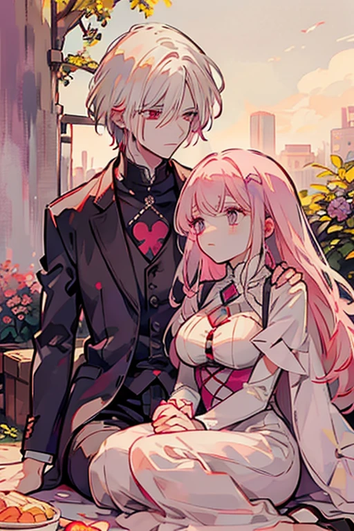 A white haired handsome man with red eyes is picnicking with  a pink haired woman with violet eyes with an hourglass figure in Gothic clothes in a park
