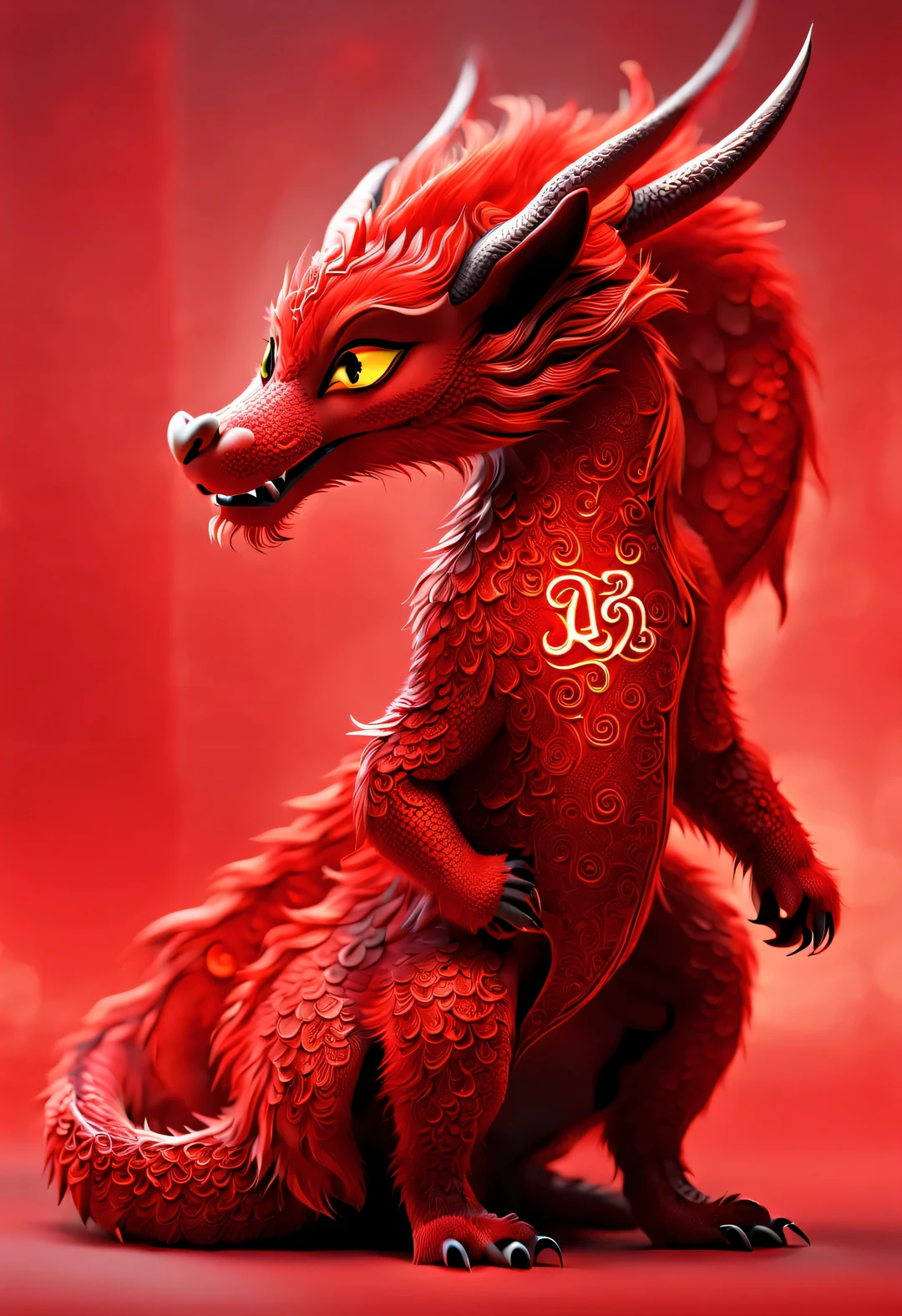 3d rendering, realistic fur, red wallpaper, Simple modern style, beautiful wallpaper, A very slender and playful red-orange dragon, eyes on the audience:0.85, Looking at the camera cutely with his head tilted, wearing a hoodie, letter embroidered hoodie "AI": 1.37, Beijing, 🦑 design,