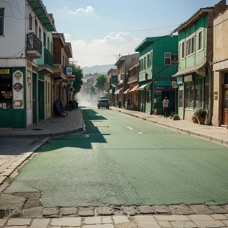 Photograph from the street of a small town with Afghan architecture,founded by afghan imigrants,town center,paved streets,paved street,in a green valley with medium green saws with fog.