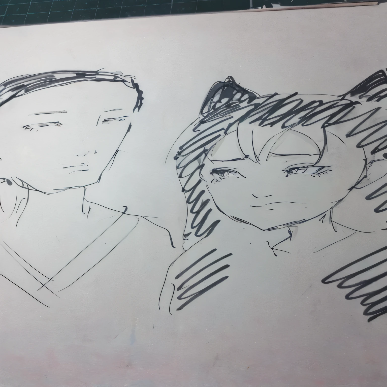 Sketch of two people with different hairstyles and a cat, by Kamisaka Sekka, line sketch!!, anime sketch, In a Japanese anime style, by Yuki Ogura, ink manga drawing, pencil and ink manga drawing, line sketch, pencil and ink manga, by Rei Kamoi, rough sketch, Nick Silva and Ilya Kuvshinov, anime style