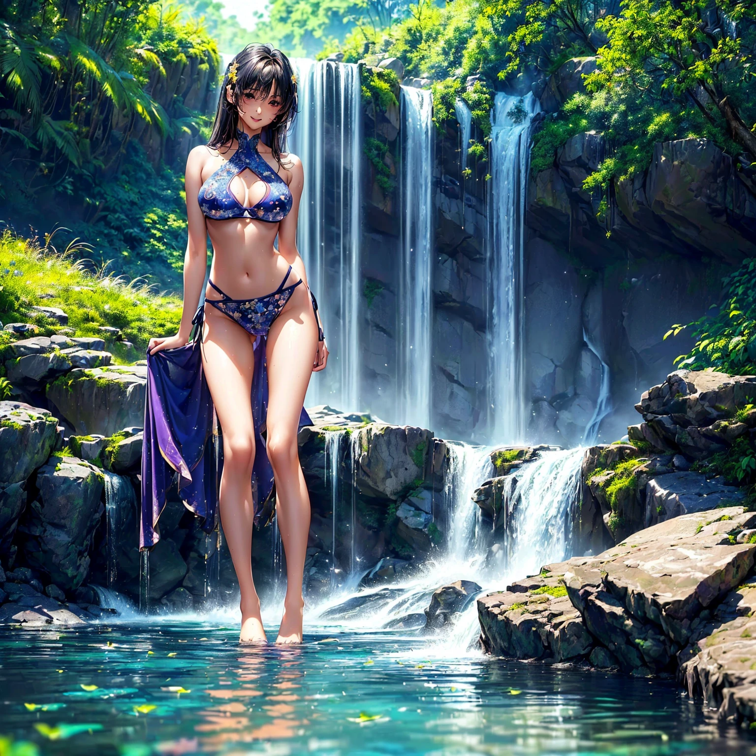 (((highest quality、masterpiece、very high resolution、highly detailed images、detailed details)))、(A woman of perfect and ultimate beauty:18-year-old, beautiful body:Slender and beautiful breasts、beautiful face:Mouth opens with a smile、beautiful hair:various hairstyles)、(best skin and hair texture)、(((Cute Bikini:Patterned:colored,shoulders are exposed,Thighs are visible))),((Fantastic waterside:beautiful flowers and waterfall,beautiful starry sky,Natural light,beautiful scenery,beautiful scenery,Beautiful colors)),(water play,beautiful pose,model shoot,Hair flutters under the influence of the wind),realistic portrait,Overall image、accurate image、accurate anatomy、Image without defects,(best shot,RAW photo:1.2)