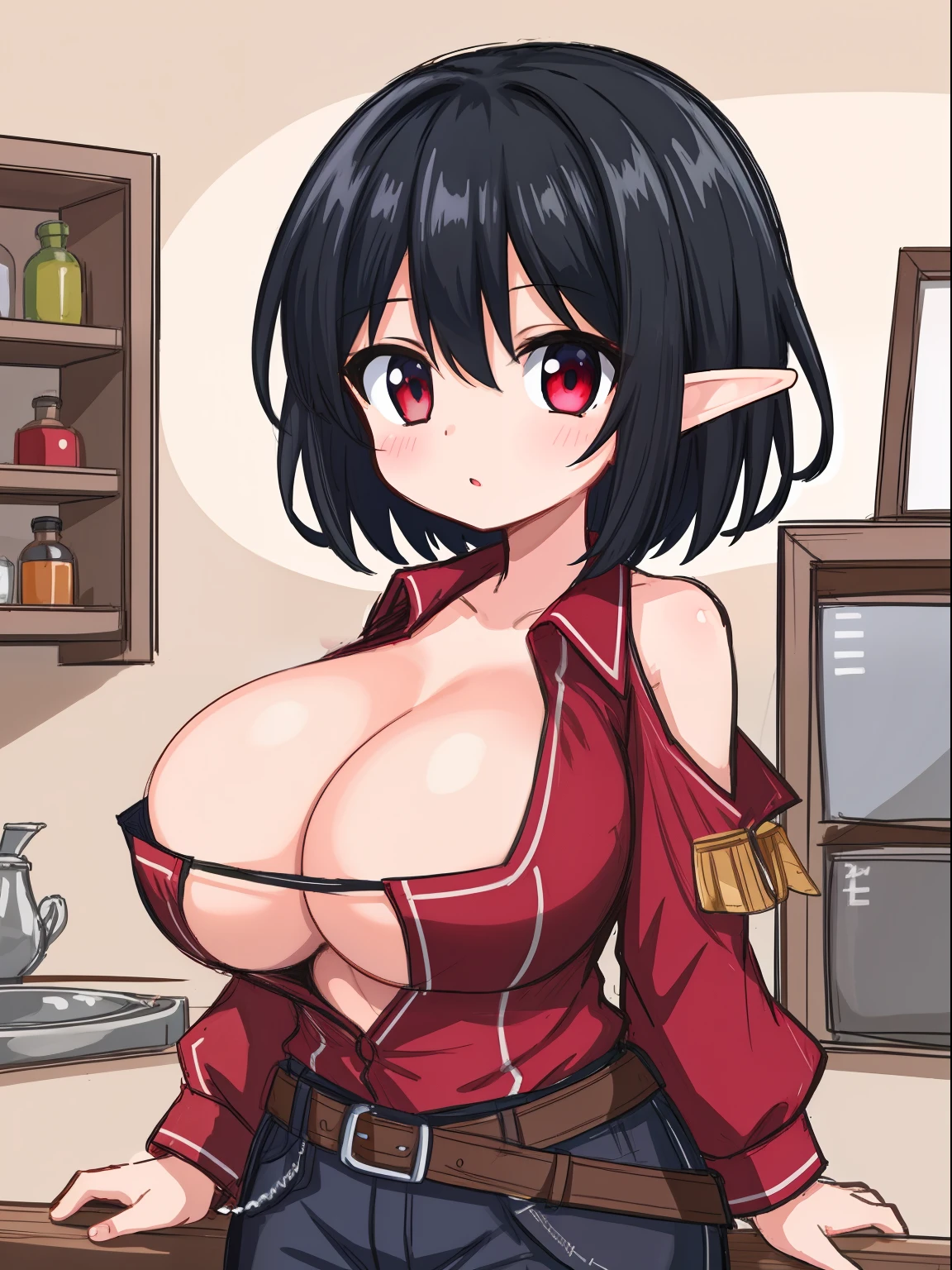 (elf girl:1.2), (black hair silver eye) (blacksmith shoulder_less), (red fantasy open shirt crest:1.2), (belts), (huge ), (sketch:1.2)