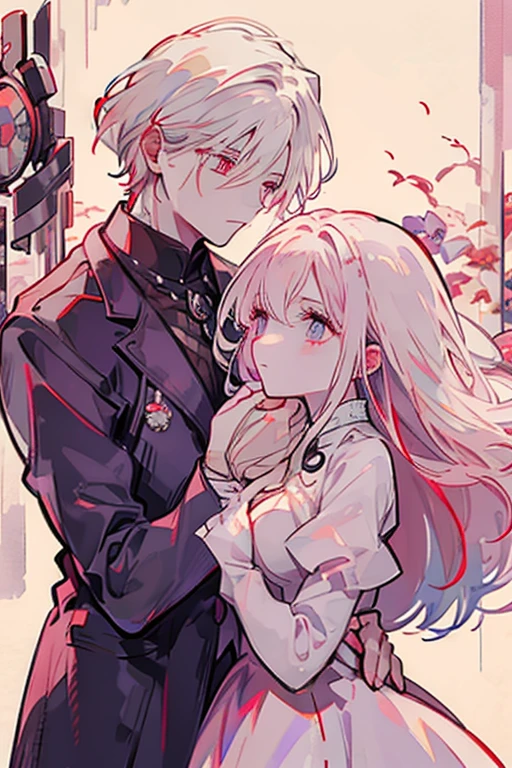 A white haired handsome man with red eyes is presenting a bouquet to a pink haired woman with violet eyes with an hourglass figure in Gothic clothes in a park
