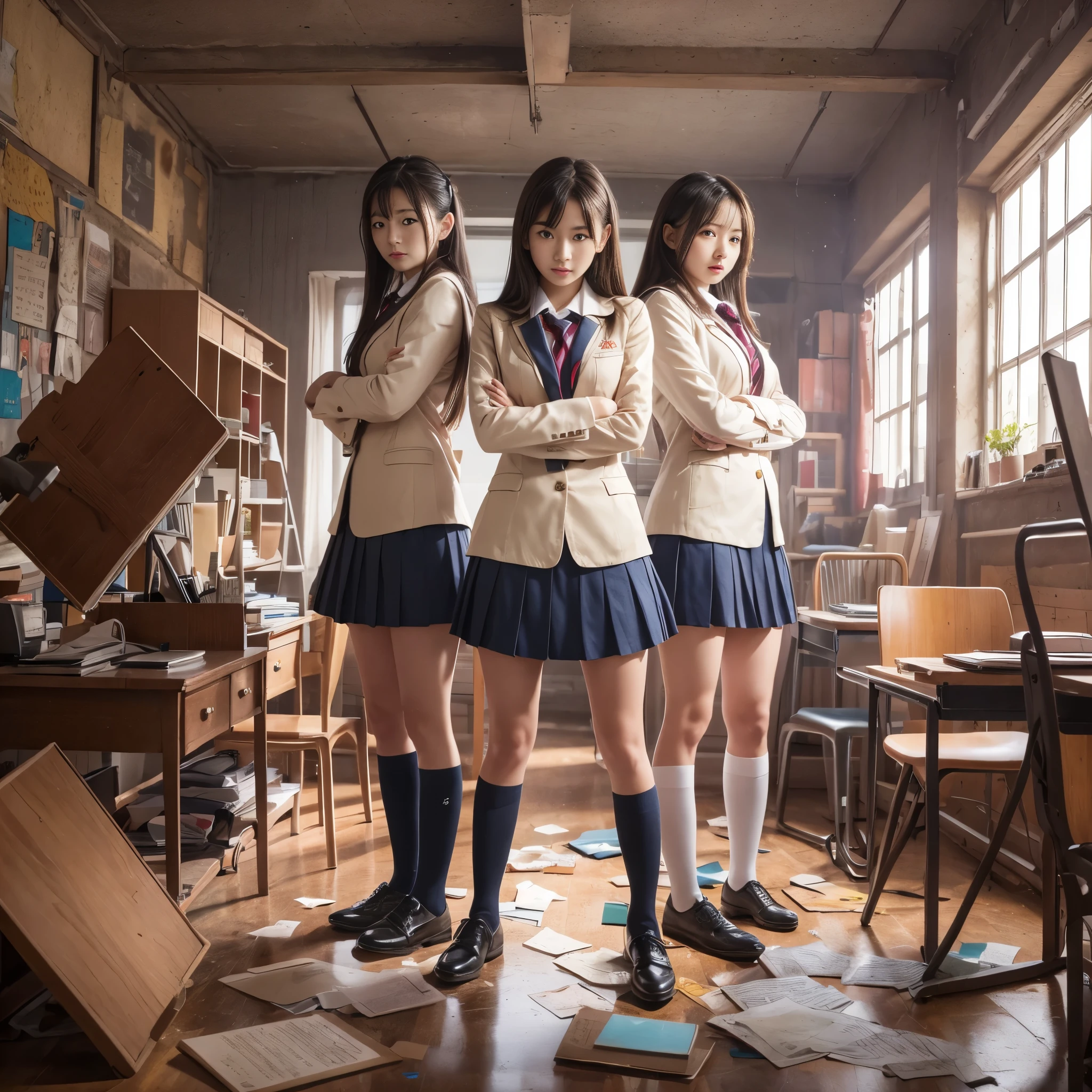 (RAW photo:1.2), (realistic), beautiful detailed girl, very detailed eyes and face, beautiful and detailed eyes, huge file size, High resolution, very detailed, highest quality, [table top:1.6], shape, very detailed, small details, highest quality, 8k wallpaper, movie lighting,Multiple  female high school students, school uniform is torn, Desolate classroom, High school girls being cornered, Fight bravely, scattered textbooks, Fallen desk, Fallen chair, Her uniform shirt is torn and her white bra is visible., The skirt of her uniform is torn and her white panties are visible., look of fear, slender body, young face, immature body, underwear exposed