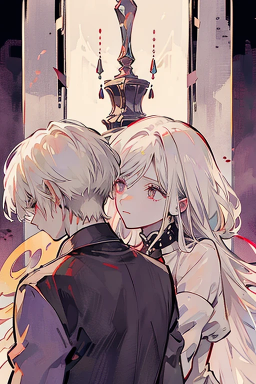 A white haired handsome man with red eyes is holding a  haired woman with violet eyes with an hourglass figure in Gothic clothes in a park from behind