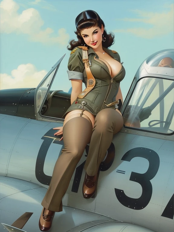 a close up of a woman sitting on the wing of a plane, pinup art, artgerm and gil elvgren, frank franzetta, girl pinup, pilot girl, comic pinup style, pinup, gil elvgren style, pinup girl, by Glenn Fabry, by Mark Brooks, pin-up, pin - up, pin-up poster girl