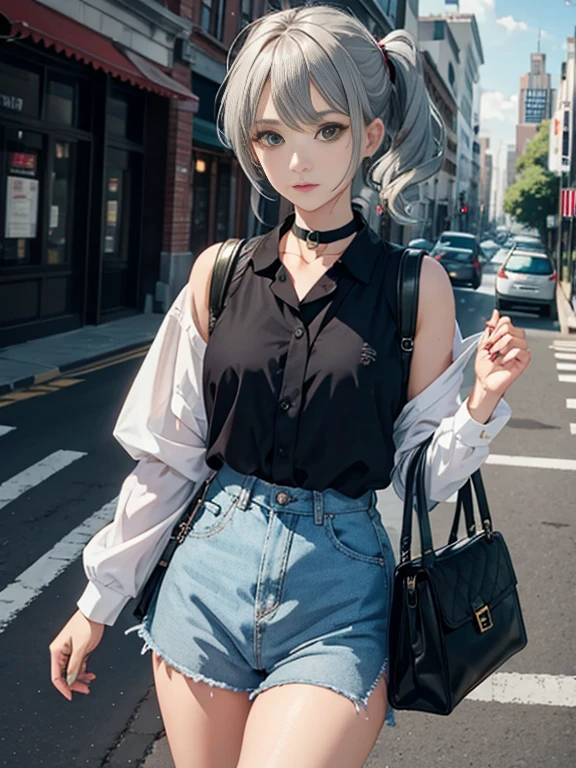 masterpiece , highest quality,Nahida(Genshin Impact), 1 girl , white shirt:1.5 ,side ponytail ,gray hair ,colorful hair, green eyes,casual clothes , have , black choker, bag , green hair,Busy roads , Urban living