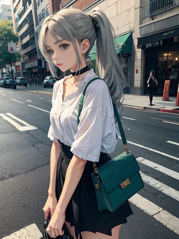 top-quality、超A high resolution、(Photorealsitic:1.4)、(Green Longhair:1.3)、greenhair、piercings、a necklace、(azur lane\)、1girll、(Kpop Idol)、NSFW、Dress appearance、slenderbody、Behold、cute little、finerly detailed face、Contrapo、Smooth skin、parfect anatomy、White camisole、Pure black pleated skirt、A city scape、natta、Rain wet type、Professional Lighting、Shopping mall rooftop café、outside of house、no teeth、８K Wallpapers