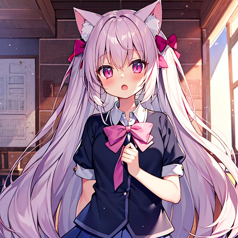 (fluffy anthro furry :1.6),(young :1.6),fox girl,long hair,wavy hair,(pink hair :1.6),green eyes,sparkle eyes,glistering eyes,glowing eyes,(pink fur :1.6),floral hair ornaments,sunbeam,shiny skin,sweating,sweating sexy girl,full face blush,sex suggestive face,smile, sailor uniform,mini skirt , ストッキング