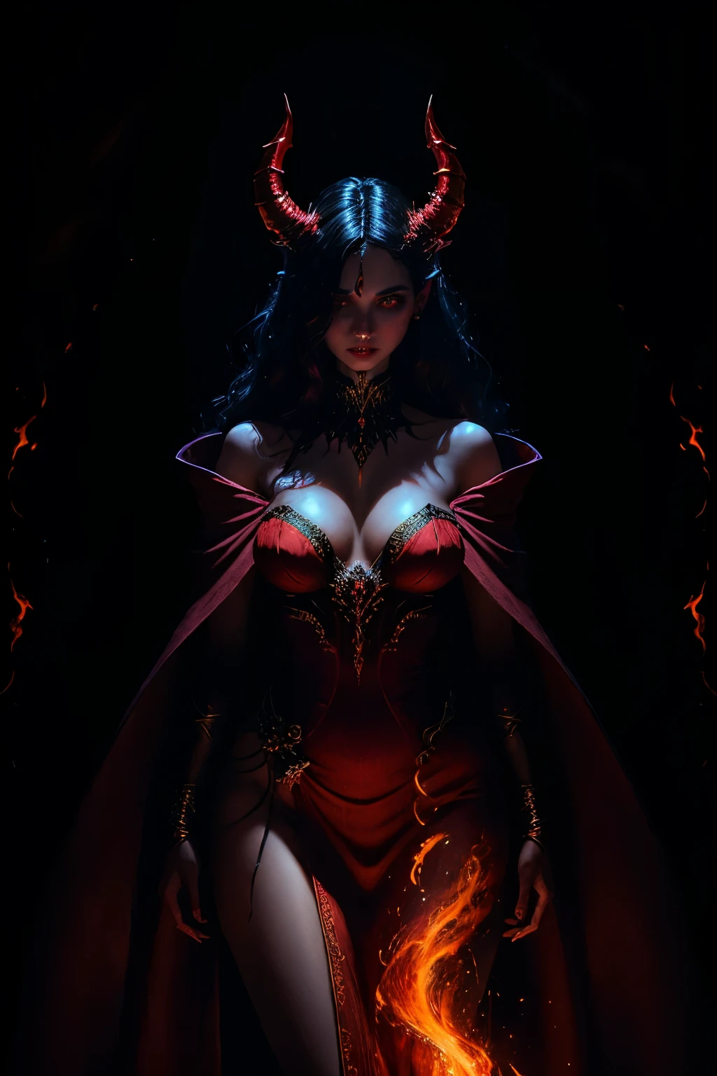In the dimly lit underworld, a seductive figure emerges, radiating an aura of raw power and enchantment. The female devil's skin is sleek and dark-red, glistening in the dim light like freshly spilled blood. Her horns, long and gracefully curved, frame her head with a regal presence, their tips illuminated by a faint, infernal glow. Her eyes, burning with an intense, fiery light, pierce through the darkness, capturing your attention with an unyielding gaze.
She wears a flowing robe, the fabric a rich, deep hue of crimson. The garment clings to her body