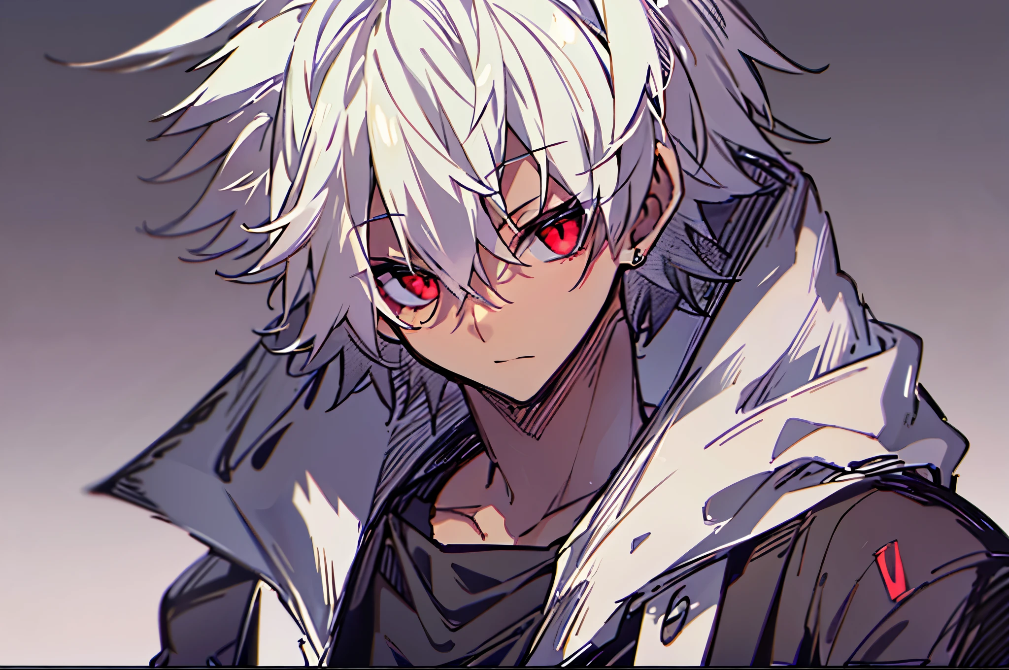 hight resolution,Anime boy with white hair and red eyes staring at camera, red eyes,slim, dressed in a black outfit,Shadow Body,Brown skin,monochromes,hair messy,Diagonal angle