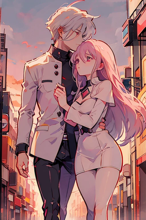 A pink haired woman with violet eyes with an hourglass figure is kissing a white haired handsome man with red eyes on a morning walk