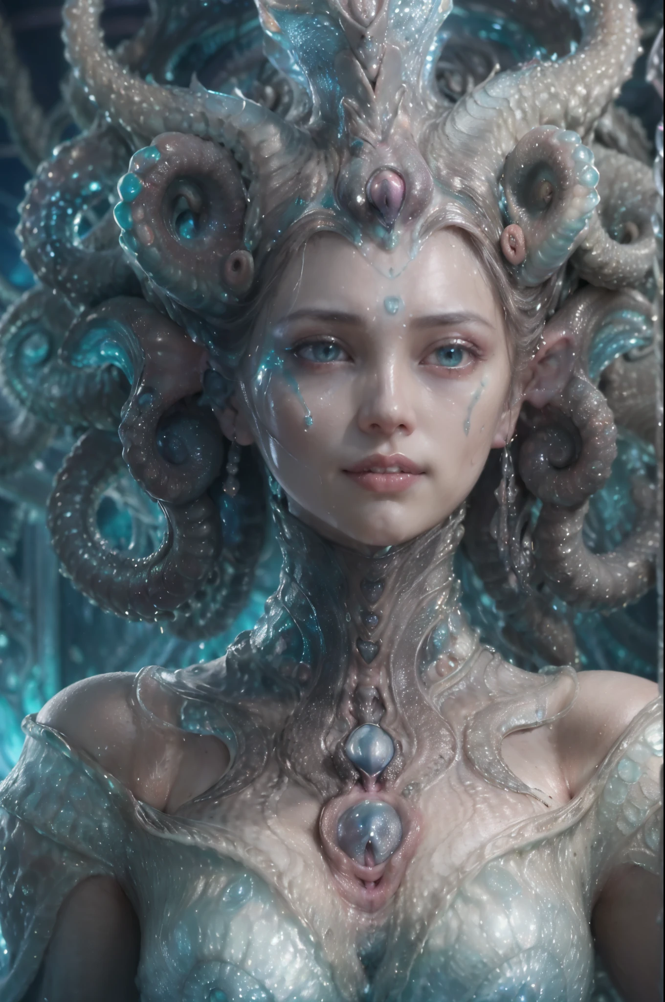 (A portrait of one beautiful and obscene female alien who is a young teenager:1.4), ((There is a female genital-like organ in the middle of her forehead:1.8)), (realistic face:1.2), (Numerous award-winning masterpieces, with incredible detail, textures and maximum detail), artistic photography, midnight aura, unreal engine 5, Ultra Sharp Focus, art by Amano Yoshitaka, ArtGerm, Roisch, intricate artwork, ultra realistic realism, high resolution, High freshness, drawing faithfully, official art, Unity 8K Wall paper, ultra detailed artistic photography, dream-like, Creation of fantasy, dream Snail, (biopunk nautilus:1.3),Thrilling color schemes, seductively smiling, Amazing mutation, well-proportioned body, goddess of the deep sea, fractal, Geometric pattern, impossible figures, (translucent white tentacles with luminescent organs:1.4), subtle emerald green accents, (smiling seductively:1.3),(She has the most beautiful face in the history of the universe:1.5), Penelope Cruz, (she is looking down at viewers with glowing iridescent eyes with no pupils:1.3), an evil gaze that seduces, cinematic lighting, (Vampire-like long canine teeth can be glimpsed through the gap between the cute lips:1.3), in the hall of the palace, Sweet breath is exhaling from beautiful lips, ecstatic expression, (Climax expression during intercourse:1.5)