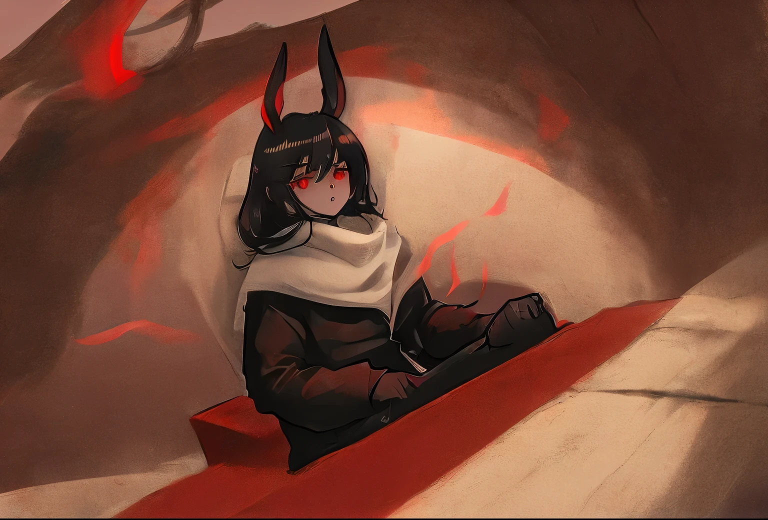 a closeup of a black rabbit with red eyes sitting on a brown surface, with ojos rojos brillantes, with Ojos rojos brillantes, Ojos rojos brillantes, cuernos y ojos rojos, Presagio de Valorant, ojos rojos brillantes, con ojos brillantes, chtulhu, uno un demonio - como criatura, One a demonic creature, grandes ojos rojos