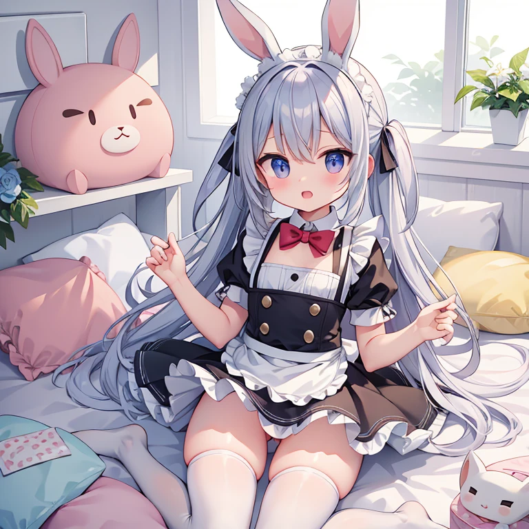 rabbit maid,rabbit ears,rabbit tail,naked apron,flat chest,nipple,Pussy,knee socks