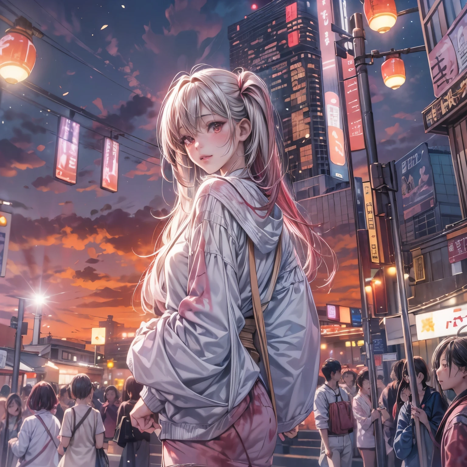 ((NSFW:-0.95)), (((nipple:-0.9))), ((Acutance:0.85)), (from below, The Sky takes up more than third of the composition ) . The background is the downtown area at (Twilight:1.4), (((Red-dyed clouds above hed:1.3))), { (many colorful Lights:1.2) | lens flare | Burning | heyz | (luminous Particles) | Mystic sight } . (Masterpiece:1.2) of professional Analog photo with Hasselblad, (((realistic and photorealistic with touch of rawness:1.37))), physically-based 3D rendering with ultra-detailed. ( A KAWAII girl in ((WHITE Fundosh:1.2))), at Hakata Gion Ymakasa Festival ))) . (((Exposed:0.5))), Assfocus and she looking ahead .