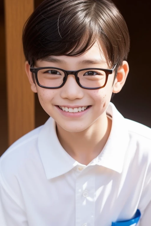 1 boy、13 years old、Japan Boys、ultra-short hair、white cutter shirt、Black-rimmed glasses、acne、freckles、Throat Buddha、smile、Dimples、white cutter shirt