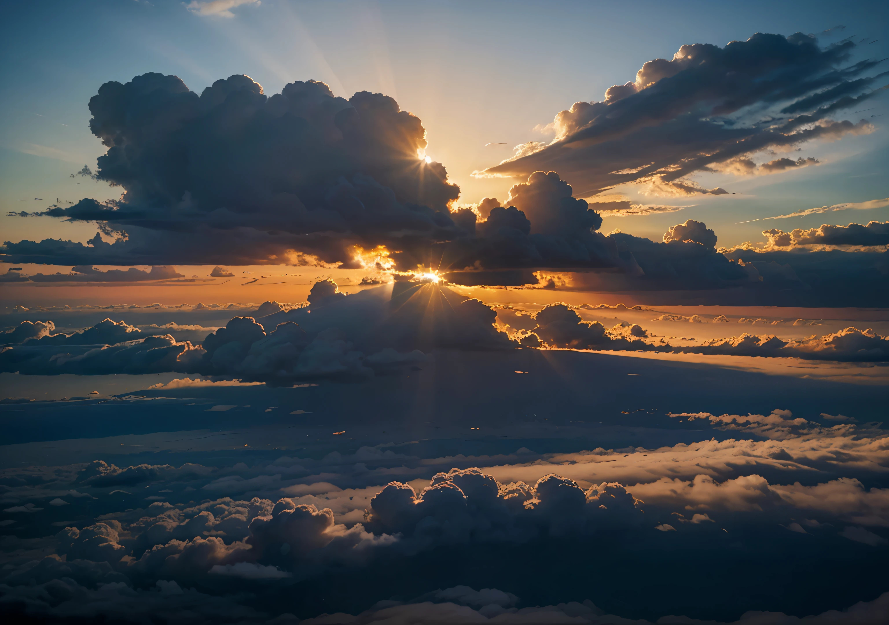 higher than clouds, atmosphere, cumulus clouds, sunset, Realistic photo