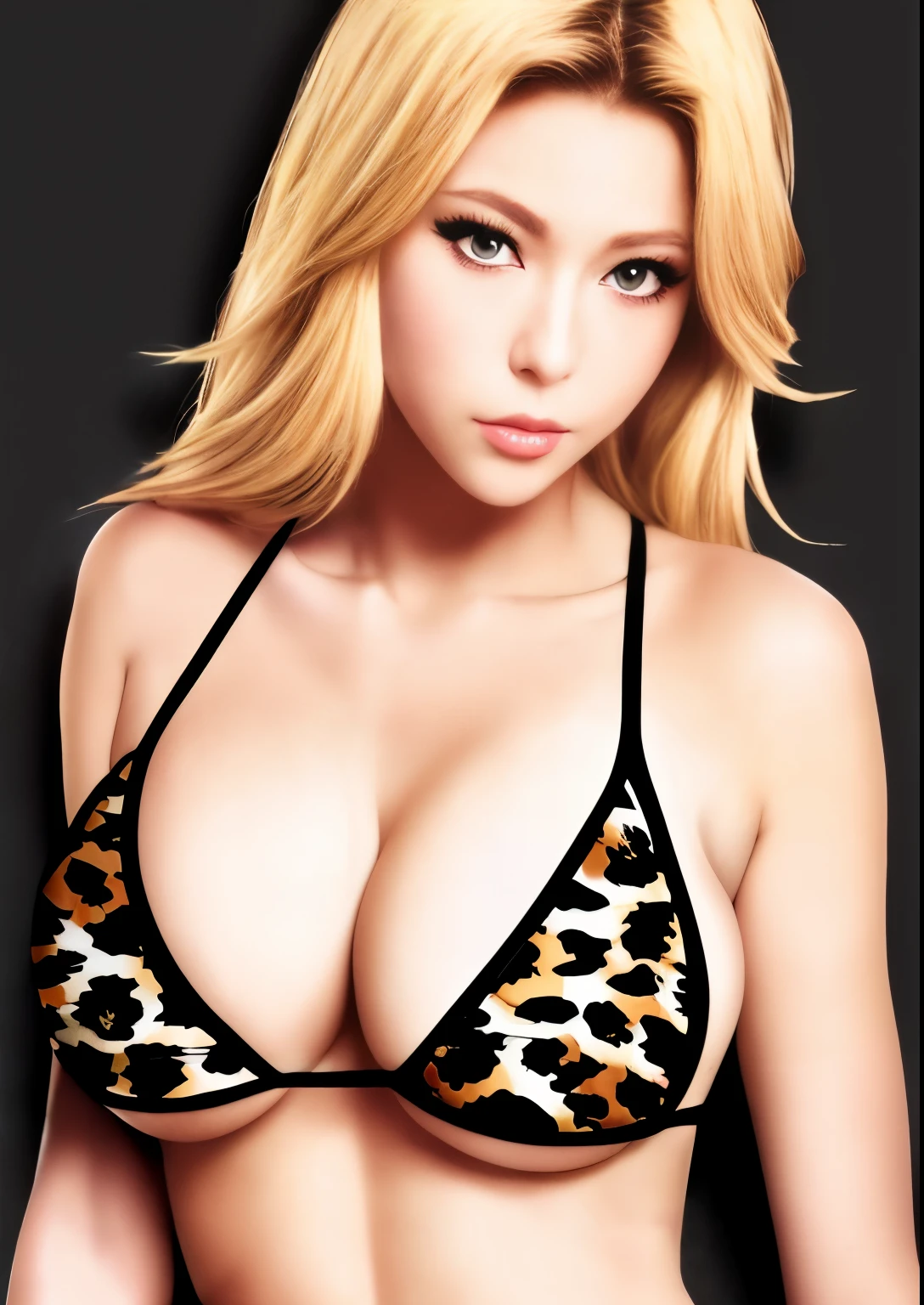 a close up of a cartoon of a woman in a bikini, chic, Short blonde girl, Green-eyed girl, medium long hair, medium hair, big breasts same!!, girl wearing a swimsuit, SFWなhuge breasts, Tits, big breasts same!, With very large breasts, in a trianglebikini, I have big breasts, big breasts same, chest covered, clothing:bikini swimwear, SFW, Titsプロポーション, cute exirobat, covered SFW, huge breasts, bikini with an leopard print top, bikini with an leopard print bottom, animal print, SFW version, very realistic, The best girls in anime, Gweiz style artwork, detailed digital anime art, perfectly shaded body, Realistic anime 3D style, beautiful charming anime girl, realistic anime art style, realistic shaded perfect body,