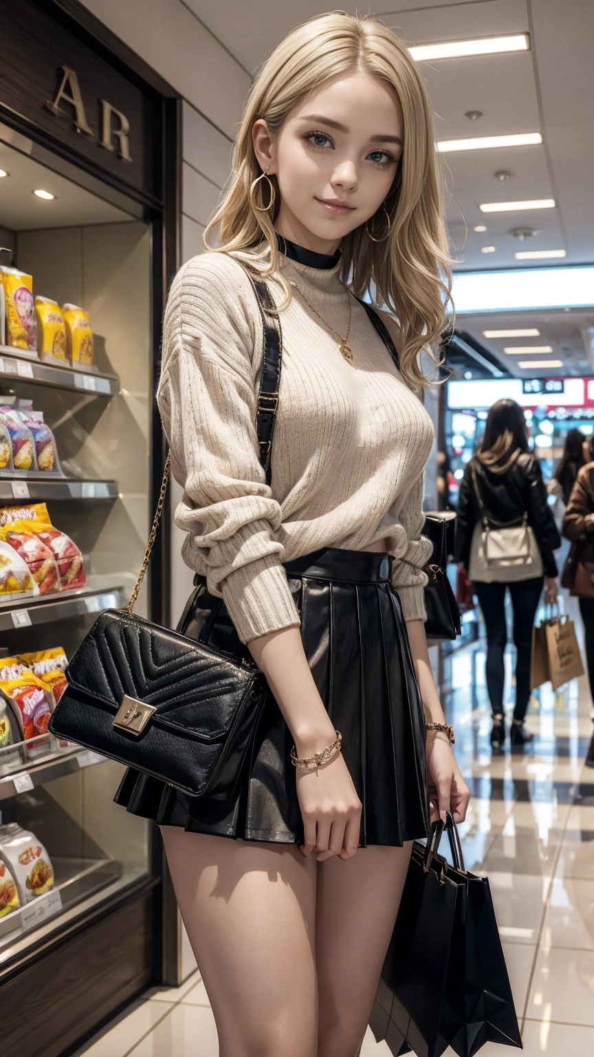 highest quality、masterpiece、ultra high resolution、22 year old white female、hair color is blonde、medium long hair、my hair is wavy、Eye color is blue、setting hair、accessories on wrist、wearing manicure、I'm wearing a choker、I'm wearing earrings、skin is smooth、Slender but muscular body、My heart is pounding、high resolution、wearing a high neck sweater、I'm wearing a mini-length pleated skirt、I have a clutch bag、wearing high heels、I'm in the atrium of a shopping center.、smile