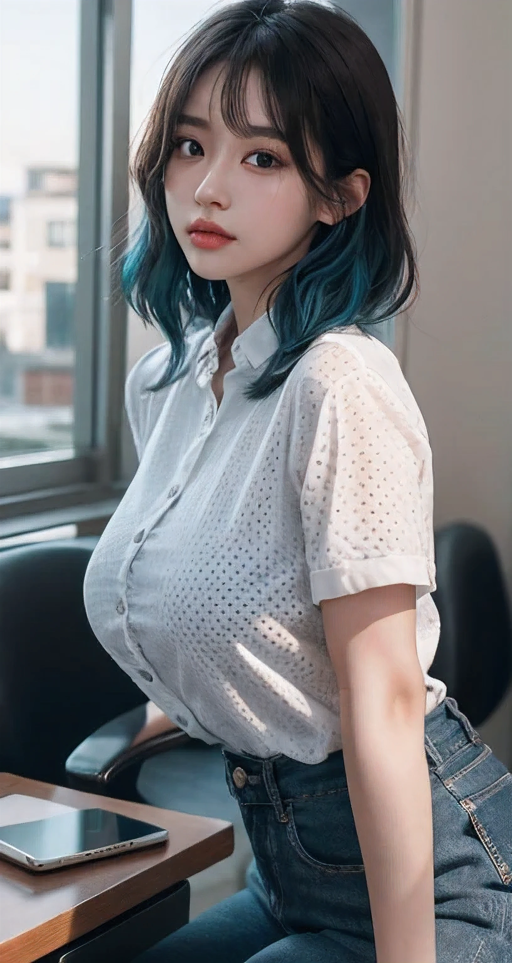 Best Quality Detail:1.2, realisitic, 8K UHD, hight resolution, 1girl in:1.2, The ultra-detailliert, High quality textures, intricate detailes, detaileds, Very detailed CG, High quality shadows, Detail Beautiful delicate face, Detail Beautiful delicate eyes, depth of fields, Ray traching, masterpiece, best quality,ulzzang -6500-v1.1:0.6, pureerosface_v1, Pretty Kpop Girl, Korean Urzan Face:1.1, milf, 28 year old woman,long neon blue hair,shiny_skin,thin_waist,huge breasts, polka_dots_midi_shirt,socks,converse, night, 4K 8K UHD Full Color RAW Photos, Fuji Film(Medium format:1.2), Hasselblad:1.2, Carl zeiss:1.1, Incredible dynamic range photography(UTIL_Art by Smoose-768:1.1), hight resolution, High pixel count, clear details, crisp image, Natural color reproduction, Noise Reduction, High fidelity, qulity, Software Improvements, Upscaling, Optimized algorithms, Pro-level retouching,crowd:1.1,depth of field,looking at viewer,random pose at the office meeting room,random pose, office meeting room atmosphere,