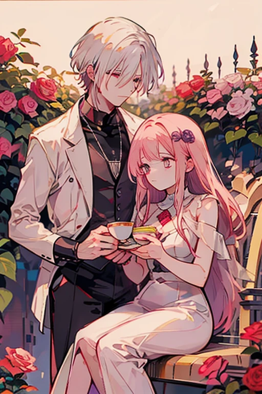 A pink haired woman with violet eyes with an hourglass figure is drinking tea  a white haired handsome man with red eyes in a rose garden
