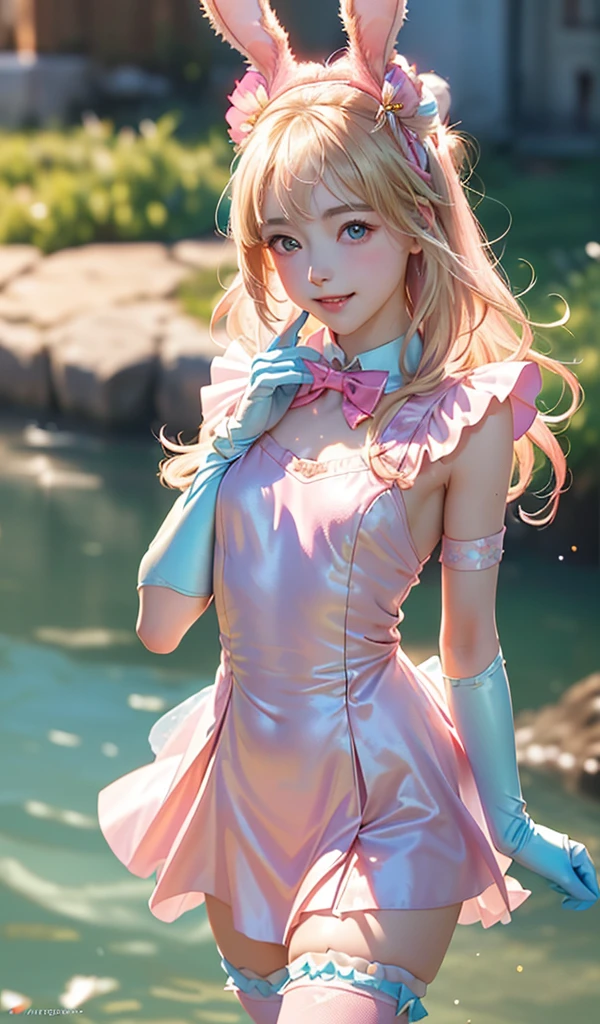 
masterpiece, best quality, extremely detailed CG unity 8k wallpaper, ,, ,(Upper Body head close-up shot of a beautiful little girl), Wendy, Long straight blonde hair,((Mckenna Grace)), (((flat chest))),((pink-Cyan))golden ((Glittering Maid Dress,Bunny Ear Headgear ,glove,Bow-tie,zettai ryouiki))， (()),(),(()),,(()) ,(((fleeing))), (Blush), oil skin ,()，, () (()),,(seductive smile)，,,, ,, (Wonderland),,(),,pretty fac, key art, award winning, intricate detail realism hdr, by (ruan jia and artgerm and range murata), Photorealism, Hyperrealism, ultra realistic, dramatic light, intense shadows, gorgeous view,depth of field