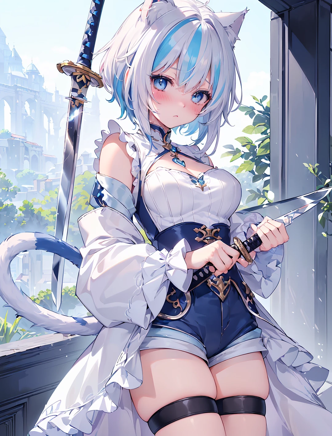 (Masterpiece, Slim Body, Delicate Fingers: 1.2), Best Quality, (Illustration: 1.2), (Hyper Detail), Eye Focus, Ultra Detail, (Fine Detail), (Intricate Detail), HDR, (Ultra Detail: 1.15), (Soft Light: 1.2), 1girl, (tactical outfits:1.4), (fantasy outfit:1.5), (bare shoulder:1.5), (body injury:1.5), (wound:1.5), (holding wound:1.4), (short pants:1.5), (White hair and blue highlights:1.5), (light blue eyes:1.3), medium, short hair, solo, (small breasts:1.3), masterpiece, (blushing:1.1), best quality, highly detailed, fullbody image, kwaii, (blue inner hair:1.2), (two-tone hair:1.5), (blushing face:1.4), , (perfect hands, perfect anatomy), (cat ears:1.4), (cat tail:1.5), (holding long sword:1.5),
