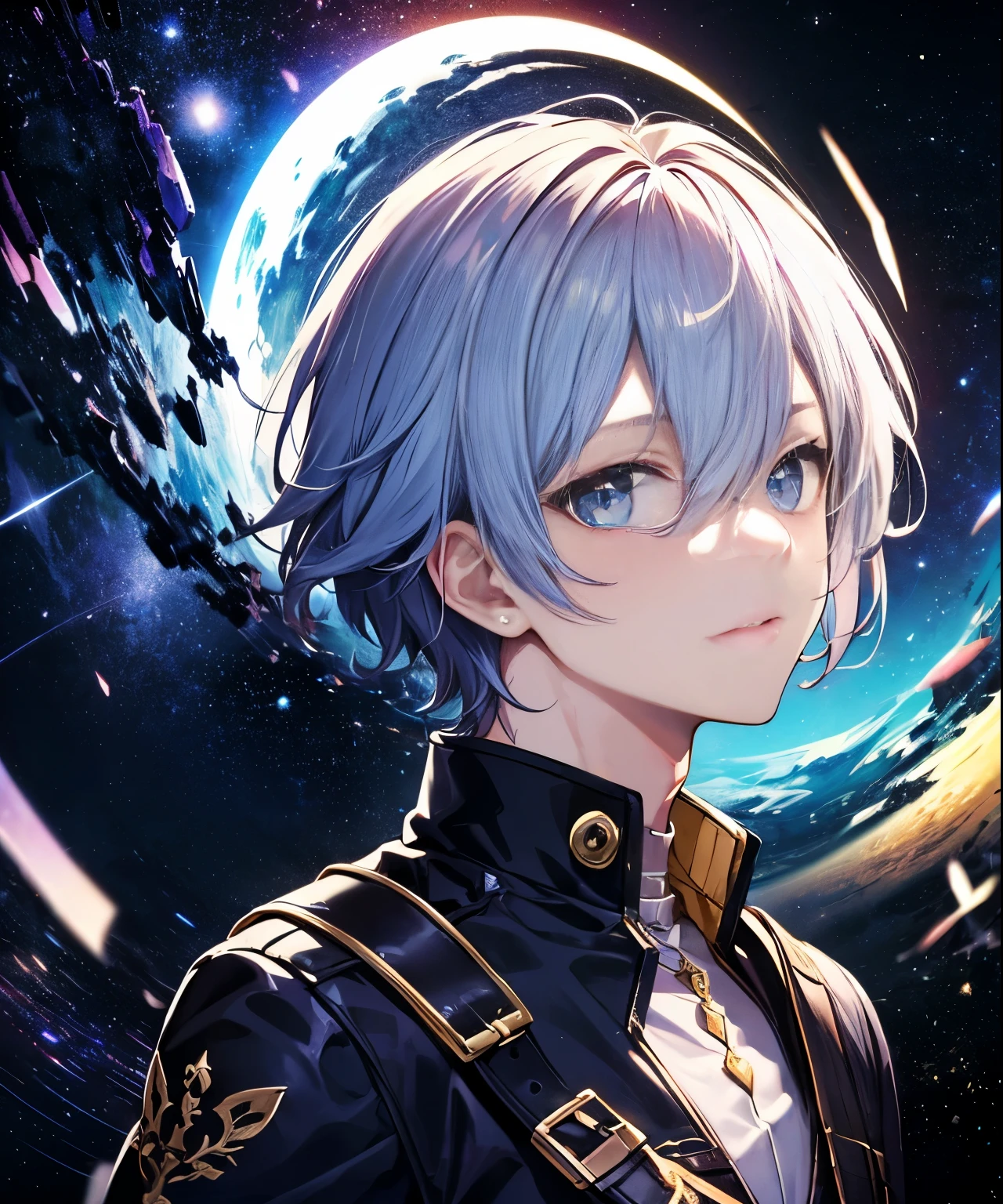 (masterpiece、highest quality)、frontage、solo、1 boy、mash hair、blue hair、On the bet、hair is messy、adult、Mysterious、universe
