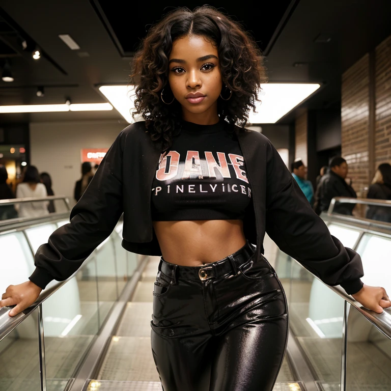 Beautiful brown-skin  girl with breathtaking smile  wearing a retail worker uniform in black ，She takes a selfie from the top，She's having（（detailed skin textures）），realistic skin textureig brown eyes））and cute lips，Petite girl wearing a trendy outfit at a mall, she has faux-locs hairstyle