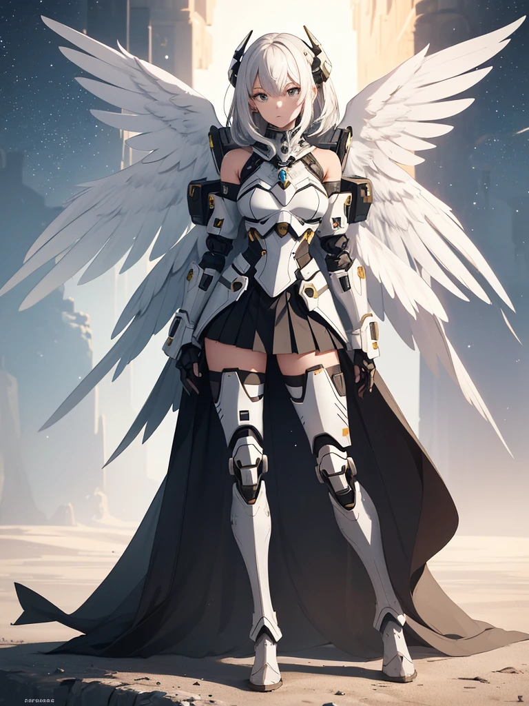 (((full body photo))) Female mech,Spread your two white wings,bare shoulders,Bare waist,Bare with thighs,Armoured pleated skirt,Armored boots,visto ao longe,Arms spread wide,Planetary background,4K分辨率,A huge sense of oppression,Machinary,falling from sky,Technology and magic